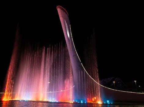 SOCHI, RUSSIA - JUNE, 05, 2021: The Waters of the Sochi Park, Water night show accompanied by classical music.