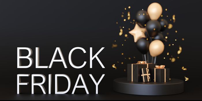 Banner with BLACK FRIDAY text, balloons and presents. White letters on black background. Special offer, good price, deal, shopping time. Black friday sale. Discount. 3d rendering