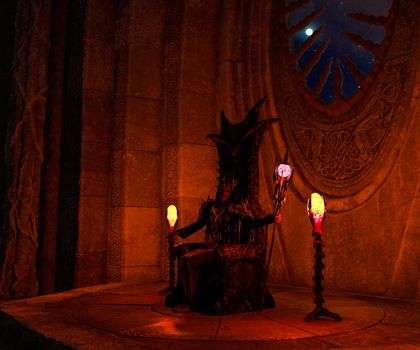 Vampire in a crypt sitting on a throne - 3d rendering