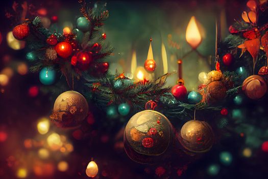 closeup view of decorated christmas spruce tree with hanging spherical toys, neural network generated art. Digitally generated image. Not based on any actual scene or pattern.