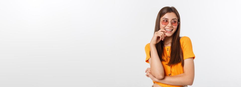 Fashion girl hipster in glasses. White background isolated