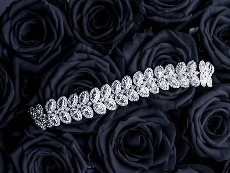 Luxe branding, glamour fashion and boutique shopping concept - Luxury diamond jewelry bracelet and black roses flowers, love gift on Valentines Day and jewellery brand holiday background design