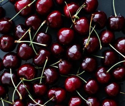 Organic food, vegan dieting and health concept - Fresh sweet cherries, juicy cherry berries fruit dessert as healthy diet background