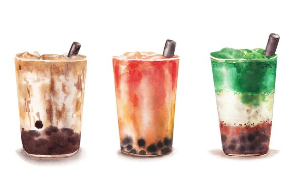 set of bubble tea drink with tapioca pearls, hand drawn watercolor illustration isolated on white