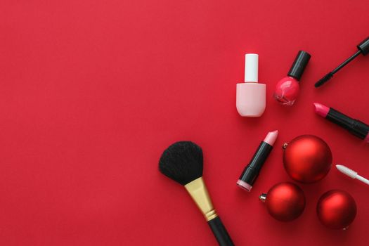 Cosmetic branding, fashion blog cover and girly glamour concept - Make-up and cosmetics product set for beauty brand Christmas sale promotion, luxury red flatlay background as holiday design