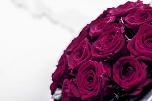 Gift for her, romantic relationship and floral design concept - Luxury bouquet of maroon roses on marble background, beautiful flowers as holiday love present on Valentines Day