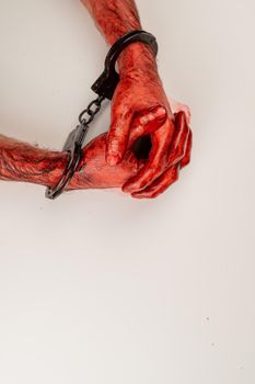 Bloodied male hands in handcuffs, folded on a white table