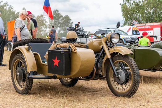 Hodonin - Panov, Czech Republic - July 20, 2022 Military Day Hodonin - Panov. Historical and contemporary military equipment Soviet motorcycle from the Second World War