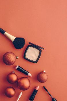 Cosmetic branding, fashion blog cover and girly glamour concept - Make-up and cosmetics product set for beauty brand Christmas sale promotion, vintage orange flatlay background as holiday design