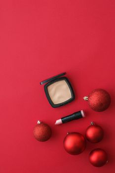 Cosmetic branding, fashion blog cover and girly glamour concept - Make-up and cosmetics product set for beauty brand Christmas sale promotion, luxury red flatlay background as holiday design