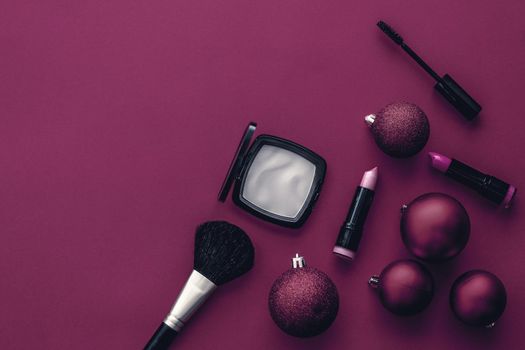 Cosmetic branding, fashion blog cover and girly glamour concept - Make-up and cosmetics product set for beauty brand Christmas sale promotion, luxury magenta flatlay background as holiday design