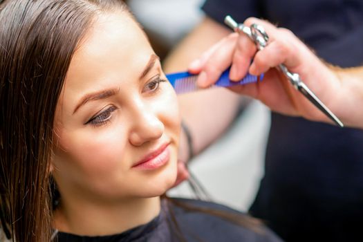 Styling female hair. Male hairdresser makes hairstyle for a young woman in a beauty salon