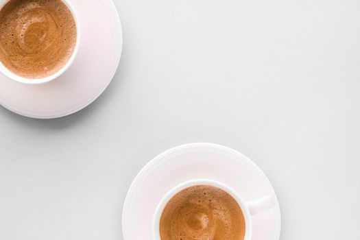 Drinks menu, italian espresso recipe and organic shop concept - Cup of hot french coffee as breakfast drink, flatlay cups on white background