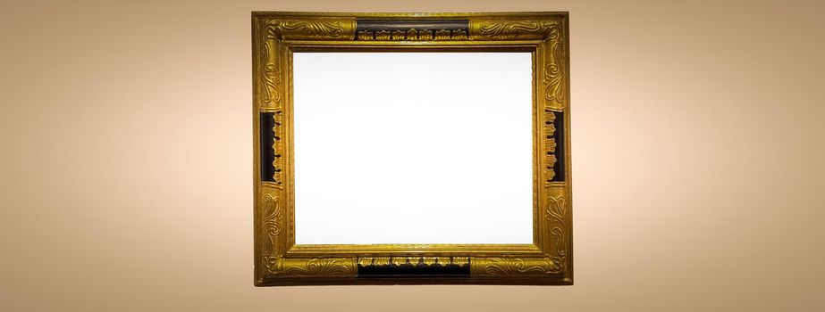 Antique art fair gallery frame on beige wall at auction house or museum exhibition, blank template with empty white copyspace for mockup design, artwork concept