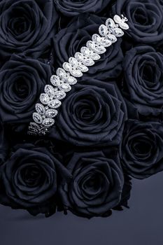 Luxe branding, glamour fashion and boutique shopping concept - Luxury diamond jewelry bracelet and black roses flowers, love gift on Valentines Day and jewellery brand holiday background design