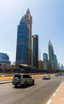 Main road of a United Arab Emirates, Shekh Zayed road. Shot taken in Dubai. Many of famous buildings can be seen such Burj Khalifa, DIFC gate building as well as metro station.