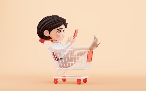 Cartoon girl with shopping cart, 3d rendering. Computer digital drawing.