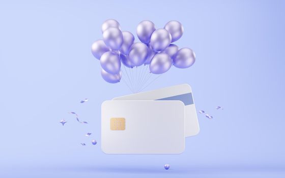 Bank card and balloons, 3d rendering. Computer digital drawing.