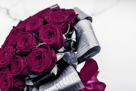 Gift for her, romantic relationship and floral design concept - Luxury bouquet of maroon roses on marble background, beautiful flowers as holiday love present on Valentines Day