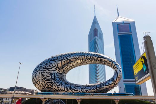 Dubai, UAE - 03.15.2021 Museum of the future and Emirates towers.