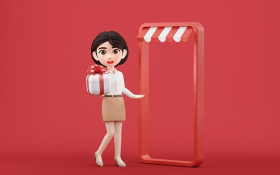 Cartoon girl with gift box, 3d rendering. Computer digital drawing.