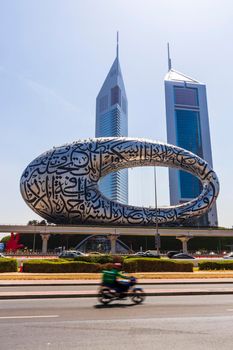 Dubai, UAE - 03.15.2021 Museum of the future and Emirates towers.