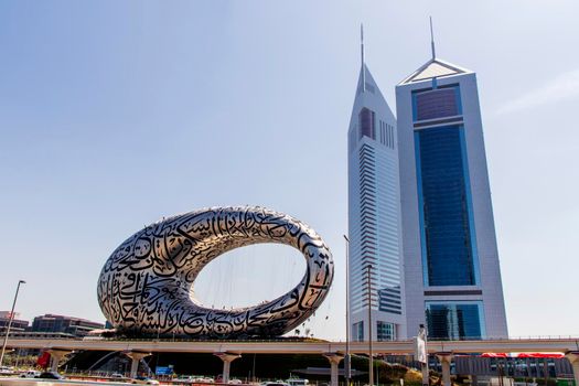 Dubai, UAE - 03.15.2021 Museum of the future and Emirates towers.