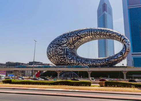 Dubai, UAE - 03.15.2021 Museum of the future and Emirates towers.