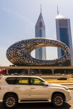 Dubai, UAE - 03.15.2021 Museum of the future and Emirates towers.