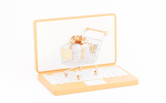 Shopping cart with gift boxes, 3d rendering. Computer digital drawing.