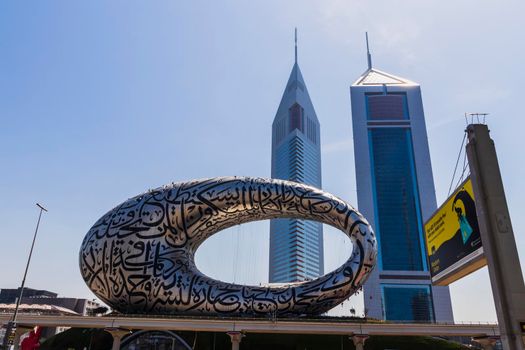 Dubai, UAE - 03.15.2021 Museum of the future and Emirates towers.