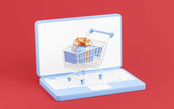 Shopping cart with gift boxes, 3d rendering. Computer digital drawing.