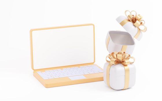 Gift box with computer, 3d rendering. Computer digital drawing.