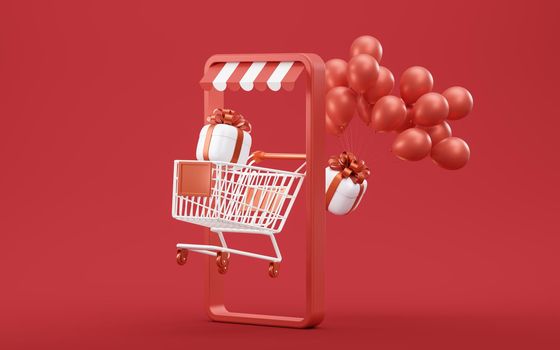 Shopping cart with gift boxes, 3d rendering. Computer digital drawing.