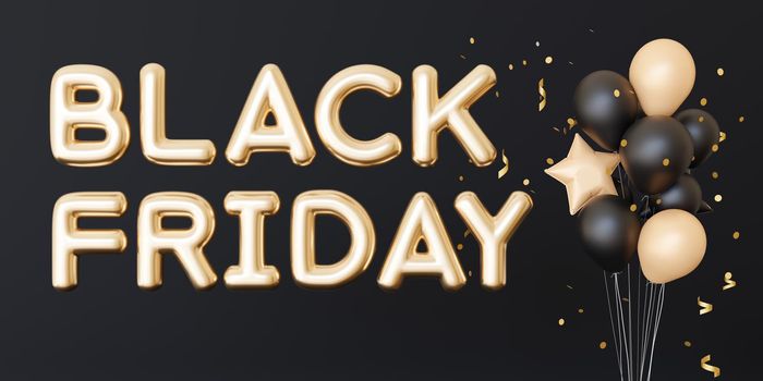 Banner with BLACK FRIDAY text and balloons. Golden foil balloons letters on black background. Special offer, good price, deal, shopping time. Black friday sale. Discount. 3d rendering