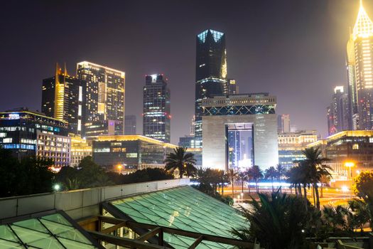 Dubai, UAE - 05.28.2021 Shot of a Dubai International Financial center at night.