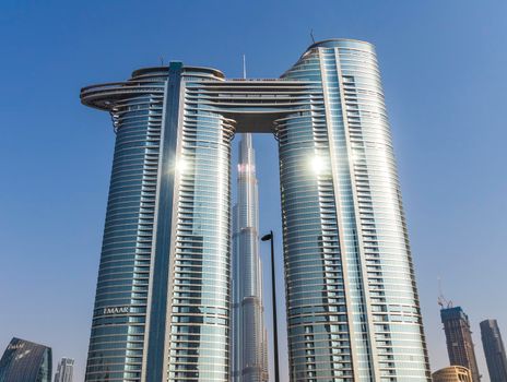 Dubai, UAE - 08.16.2021 - Burj Khalifa and Address Sky View hotel