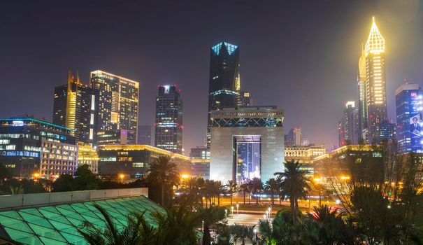 Dubai, UAE - 05.28.2021 Shot of a Dubai International Financial center at night.