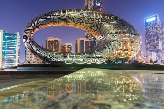 Dubai, UAE - 05.28.2021 Shot of a museum of future at night.