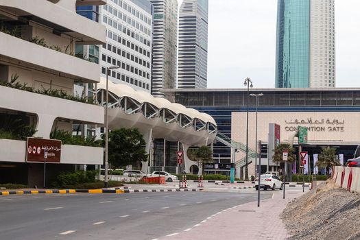 Dubai, UAE - 10.04.2021 Multilevel parking and footbridge crossing at Dubai World trade center