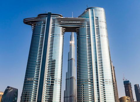 Dubai, UAE - 08.16.2021 - Burj Khalifa and Address Sky View hotel
