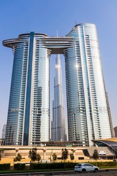 Dubai, UAE - 08.16.2021 - Burj Khalifa and Address Sky View hotel