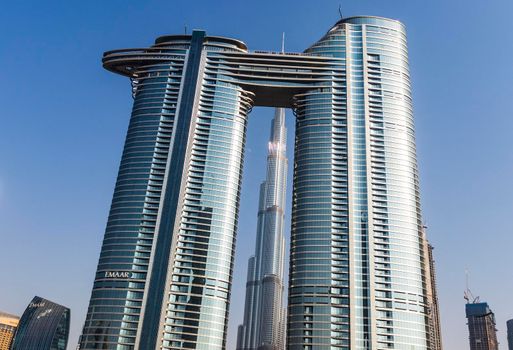 Dubai, UAE - 08.16.2021 - Burj Khalifa and Address Sky View hotel
