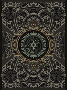 Dark digital mandala in steampunk style, yellow lines on dark grey background