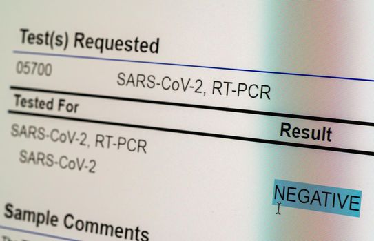 Computer screen showing a negative result for PCR test on nasal swab for SARS-CoV-2 or Covid-19