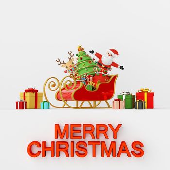 Merry Christmas and Happy New Year, Santa Claus and reindeer with sleigh full of gifts, 3d rendering