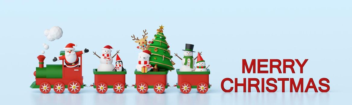 Merry Christmas and Happy New Year, Banner background of Santa Claus and friends on Christmas train, 3d rendering