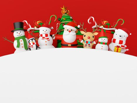 Merry Christmas and Happy New Year, Santa Claus and friends with copy space , 3d rendering