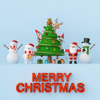Merry Christmas and Happy New Year, Christmas party Santa Claus and friend with Christmas tree, 3d rendering