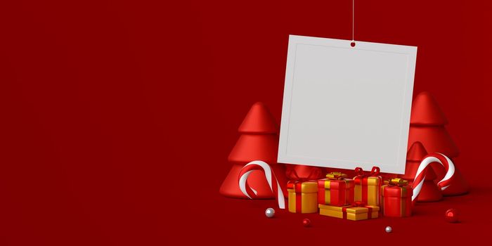 Christmas banner of photo frame with Christmas gift box, 3d illustration
